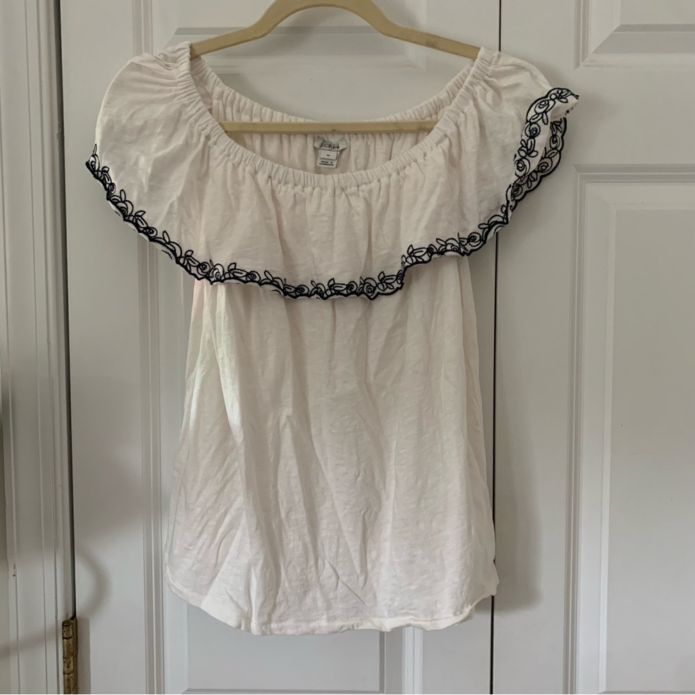 J. Crew Embroidered Off the Shoulder Ivory White Navy Top Medium - Picture 4 of 7